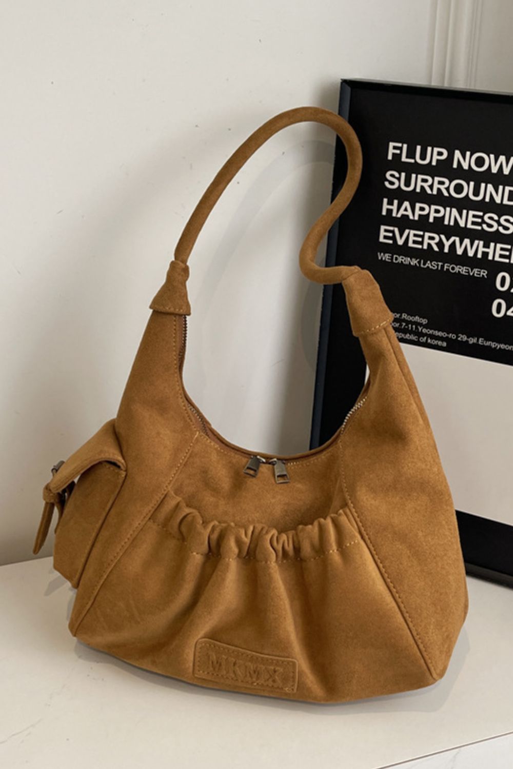 Ruched Suede Handbag with Zipper  Trendsi Caramel One Size 