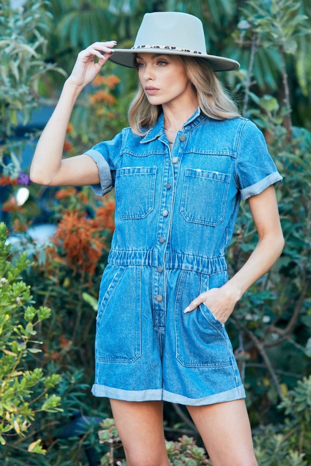 Veveret Elastic Waistband Denim Romper  Trendsi   