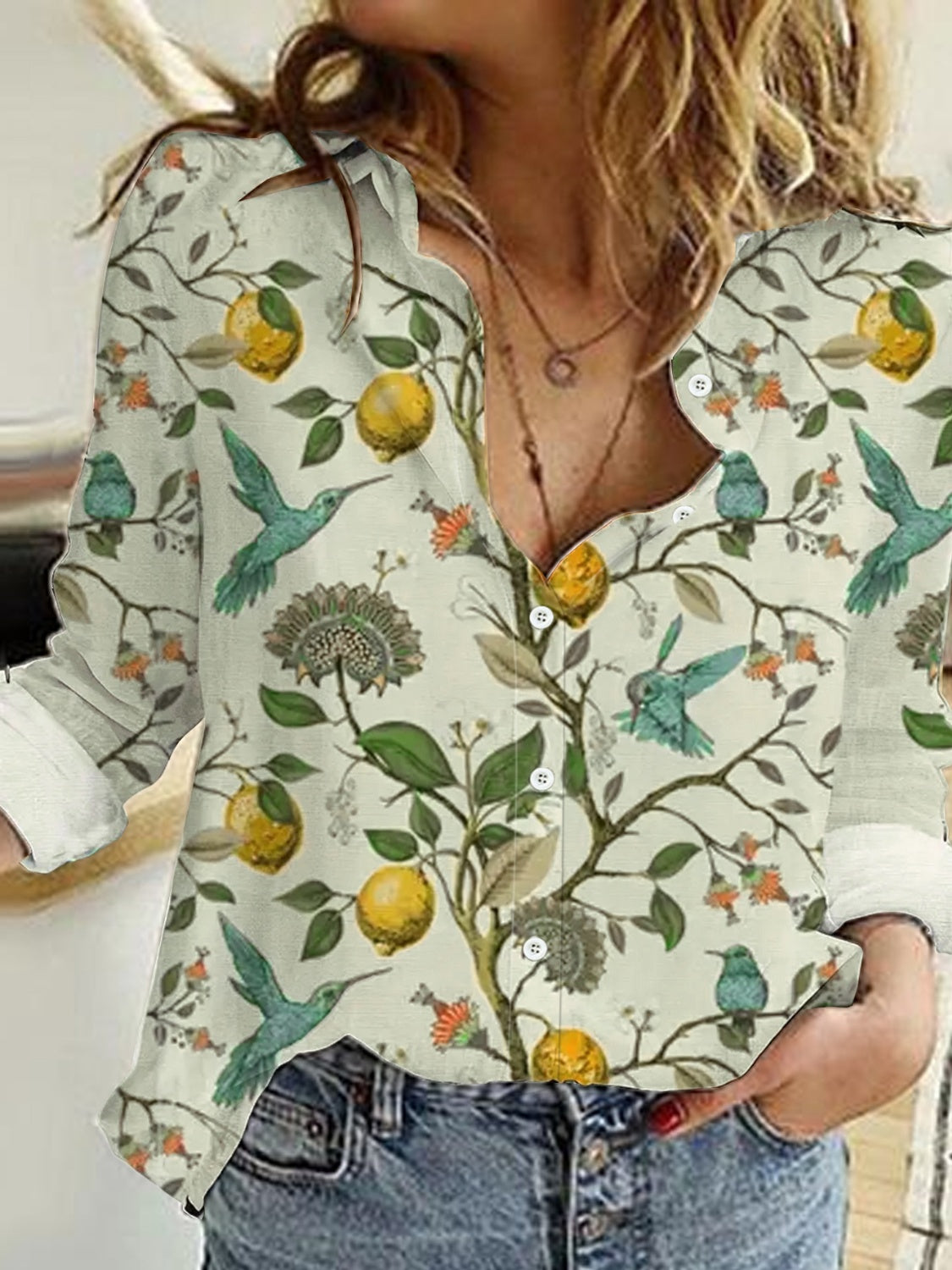 Printed Collared Neck Long Sleeve Shirt Blouse Trendsi   