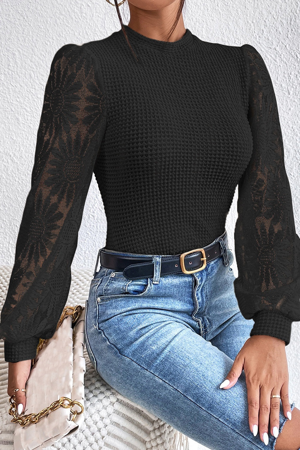 Floral Lace Detail Lantern Sleeve Blouse Blouse Trendsi   