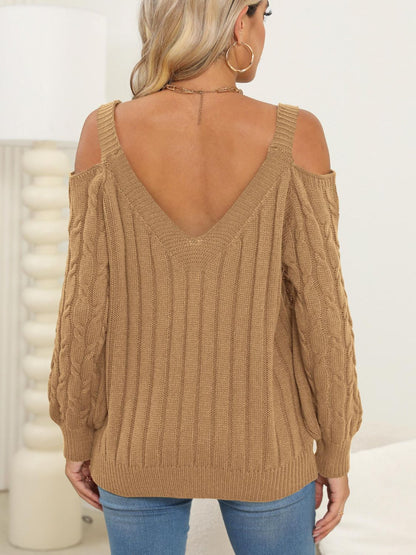 Cable-Knit V-Neck Long Sleeve Sweater