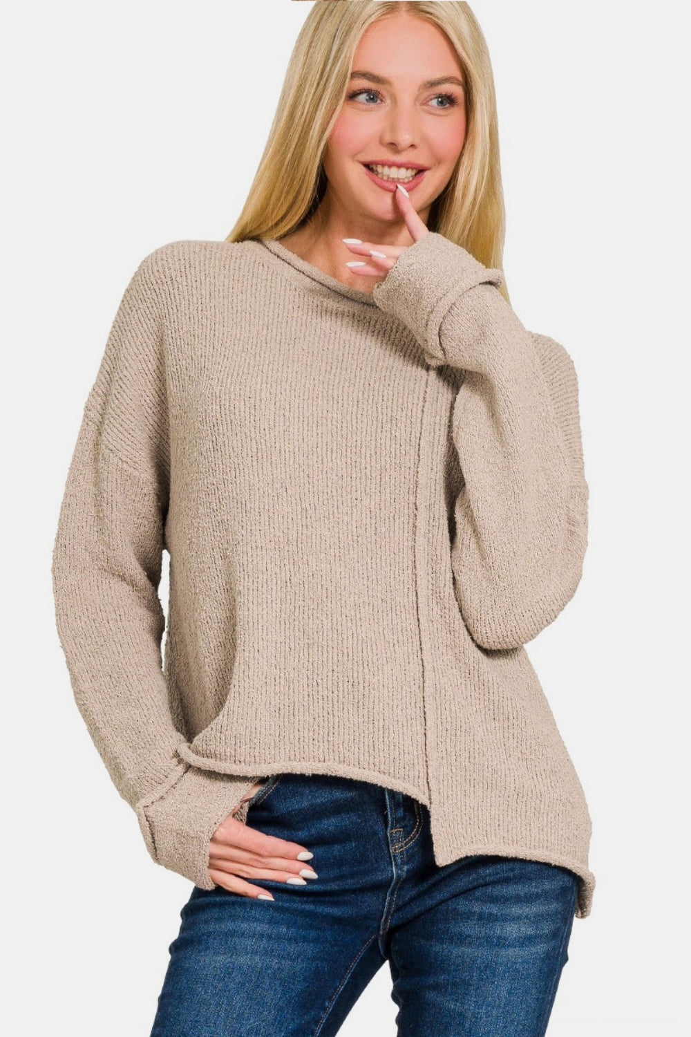 Zenana Asymmetric Hem Drop Shoulder Sweater  Trendsi Ash Mocha S 