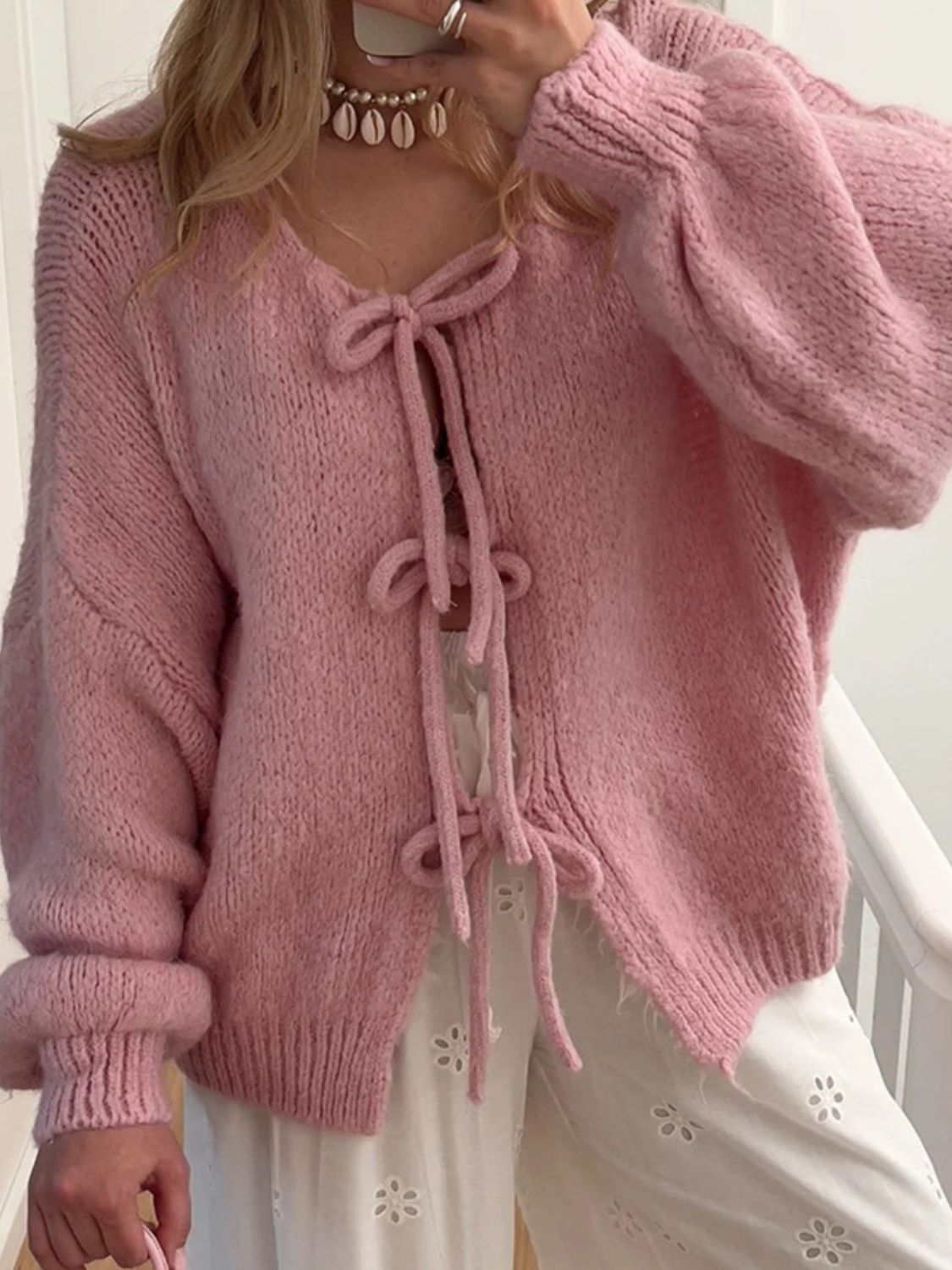 Tied Long Sleeve Dropped Shoulder Cardigan  Trendsi Dusty Pink S 