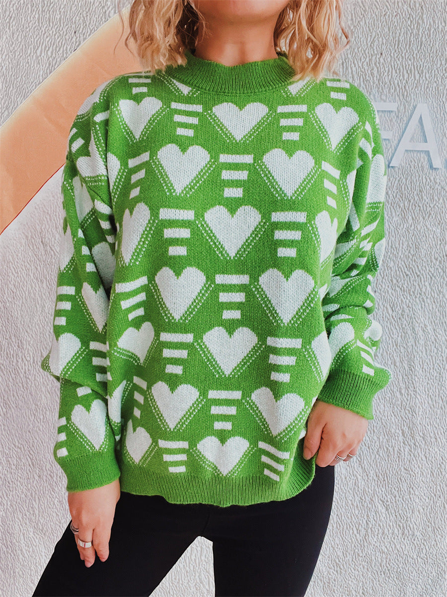 Heart Contrast Long Sleeve Dropped Shoulder Sweater  Trendsi Neon Green One Size 