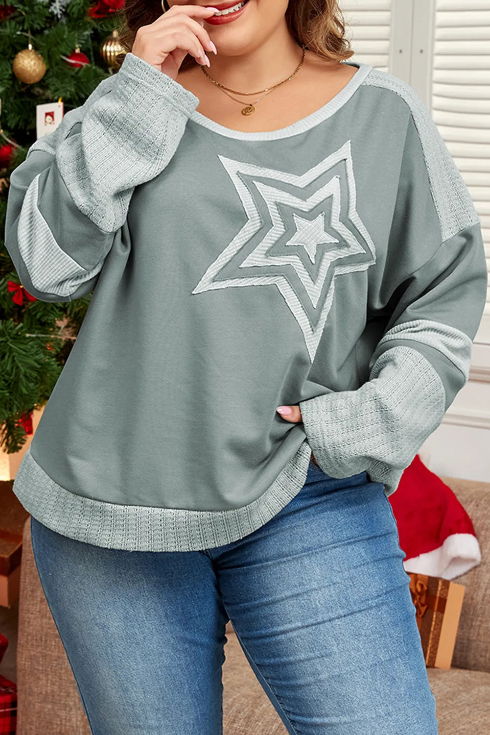 Plus Size Star Round Neck Long Sleeve Top Blouse Trendsi Sage 1XL 