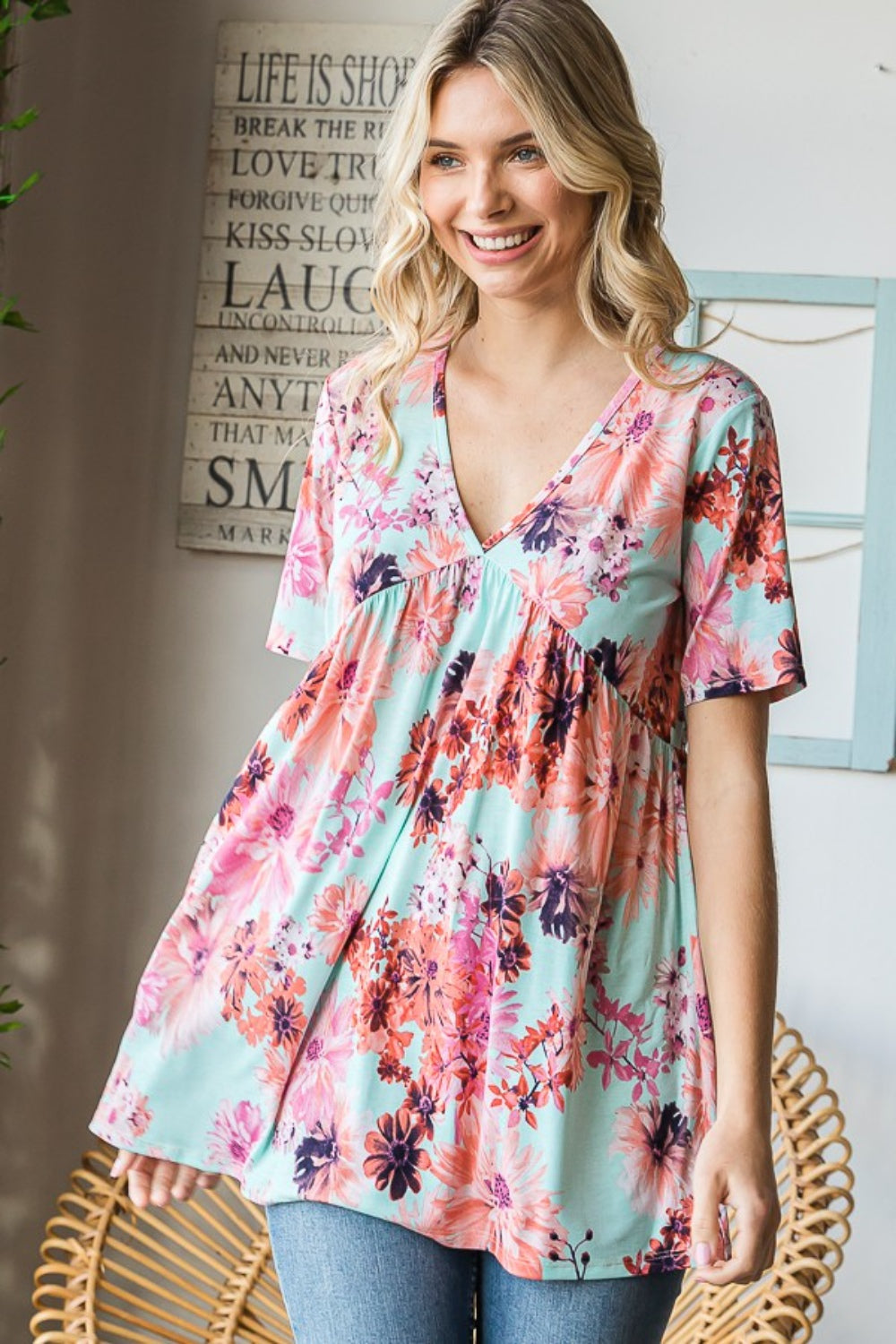 Heimish Full Size Floral V-Neck Short Sleeve Babydoll Blouse Blouse Trendsi   