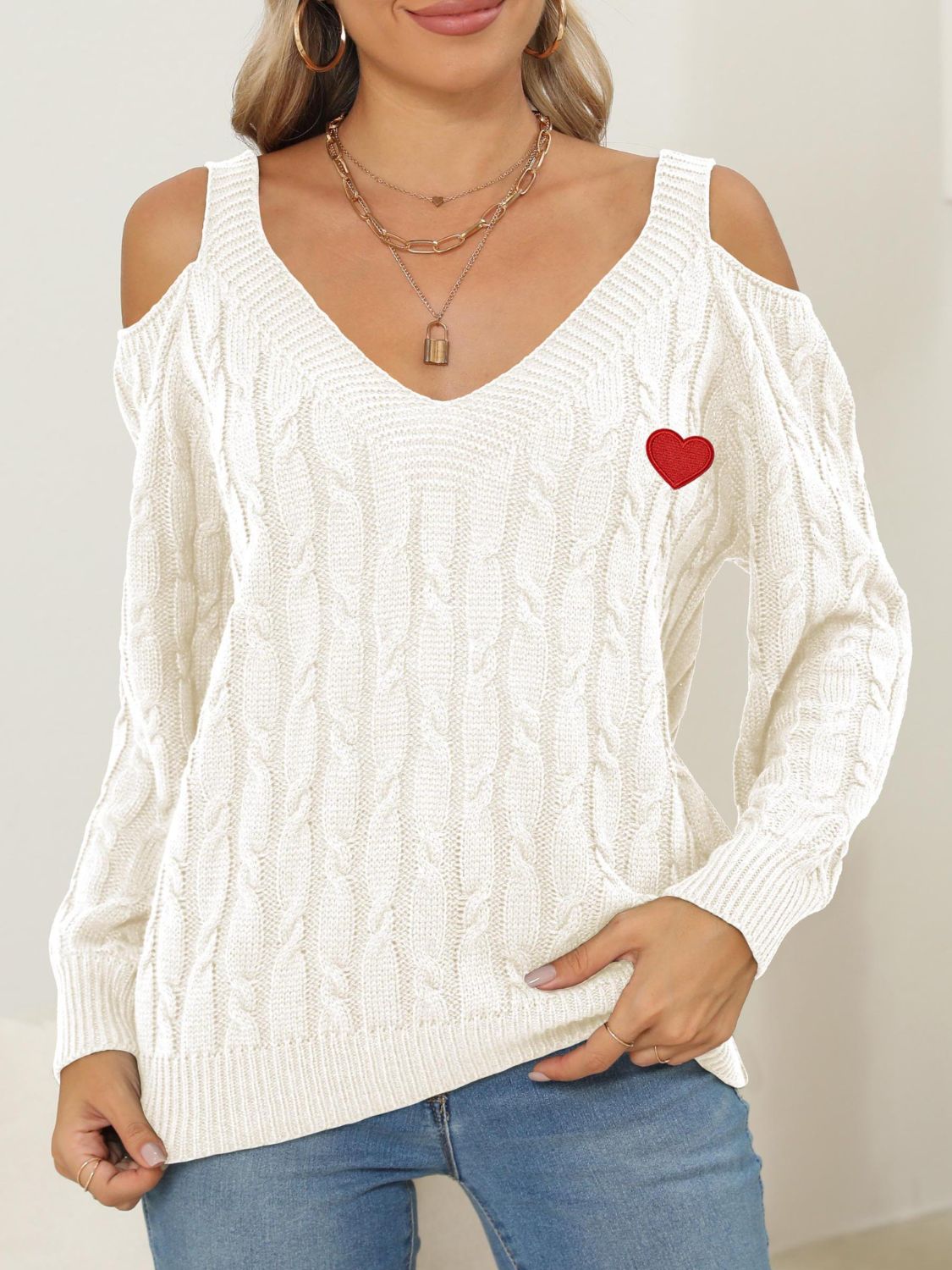 Cable-Knit Heart V-Neck Sweater  Trendsi   