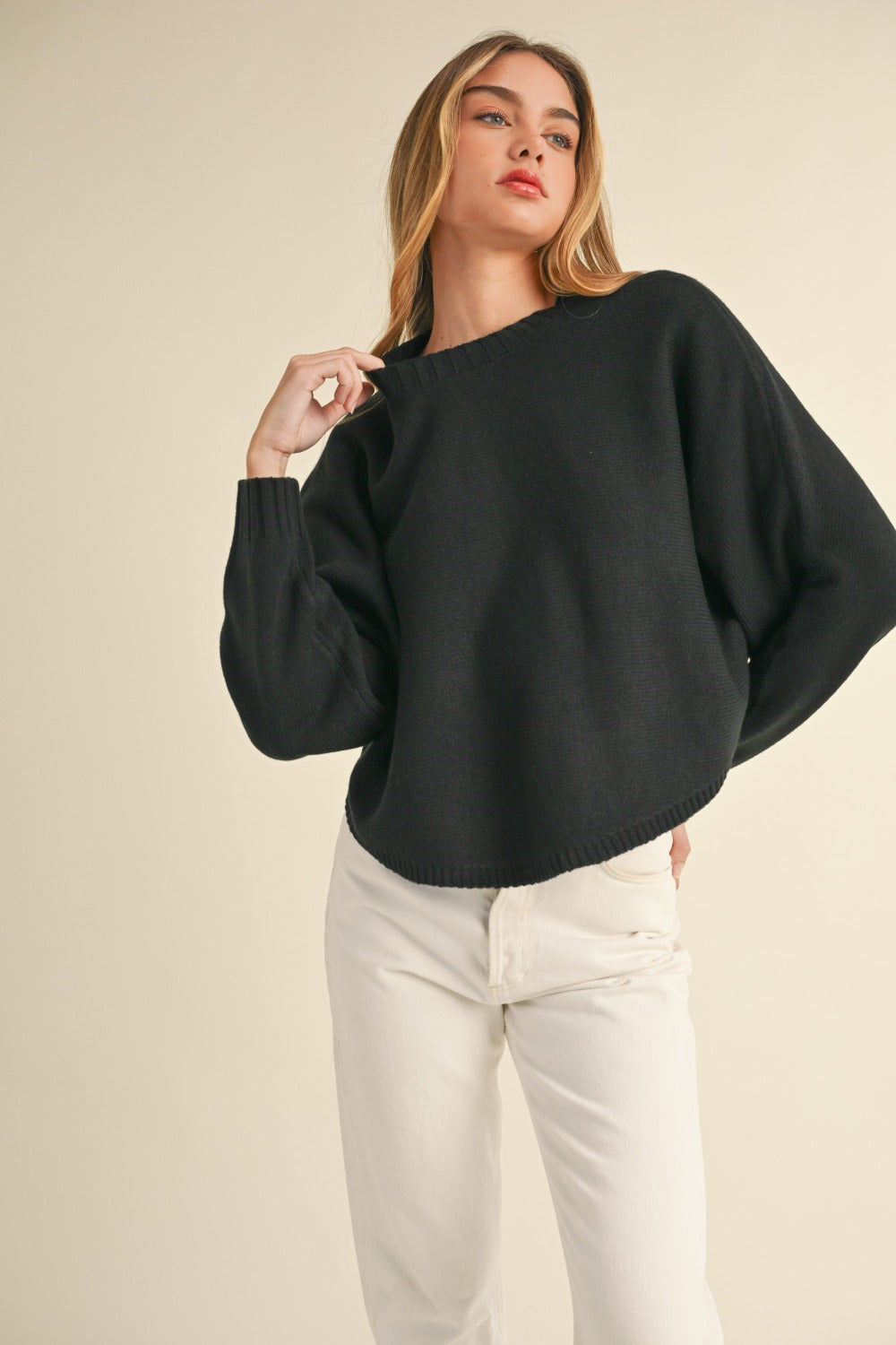 Mable Round Neck Dolman Sleeve Cropped Sweater  Trendsi   