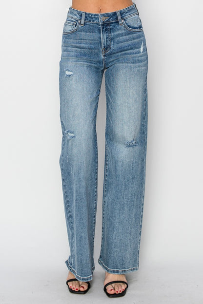 RISEN Full Size High Waist Distressed Wide Leg Jeans  Trendsi   