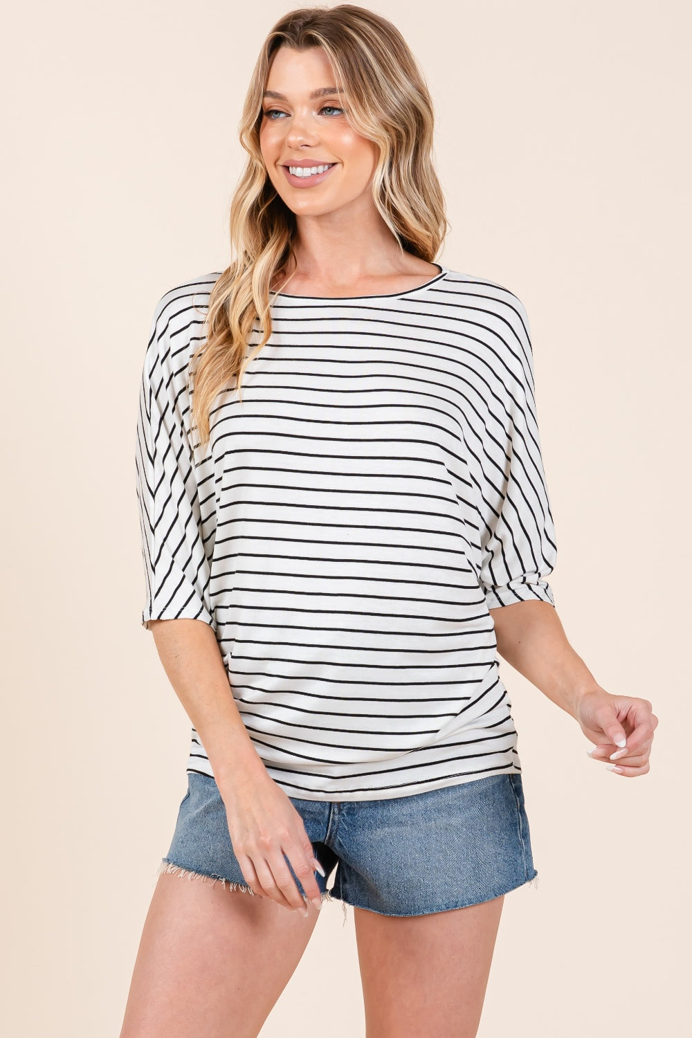 BOMBOM Striped Boat Neck Dolman Sleeve Top  Trendsi   