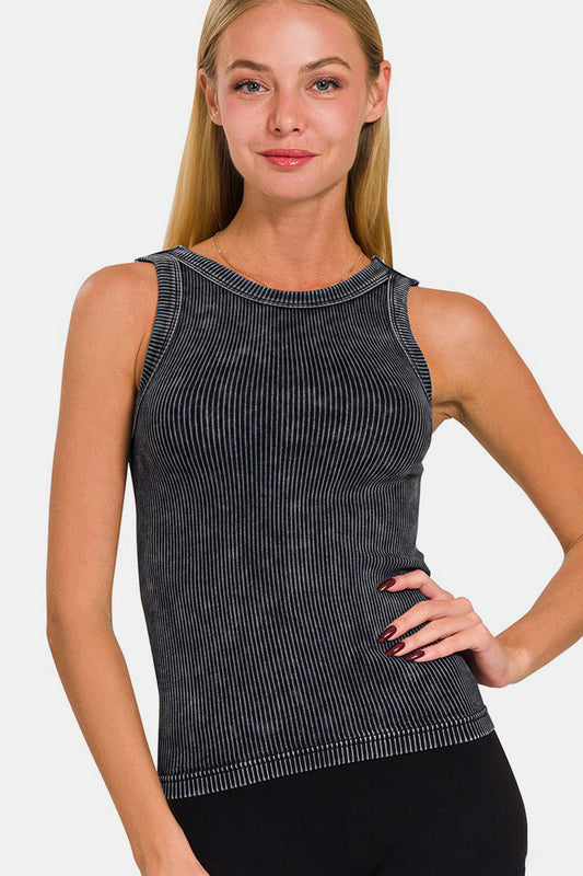 Zenana 2 Way Neckline Washed Ribbed Cropped Tank  Trendsi Black S/M 