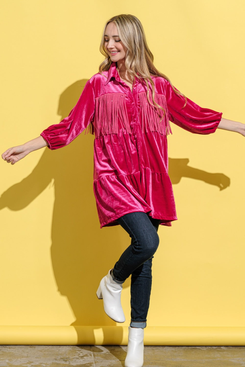 And The Why Fringe Detailed Velvet Shirt Dress Luxe Trendsi   