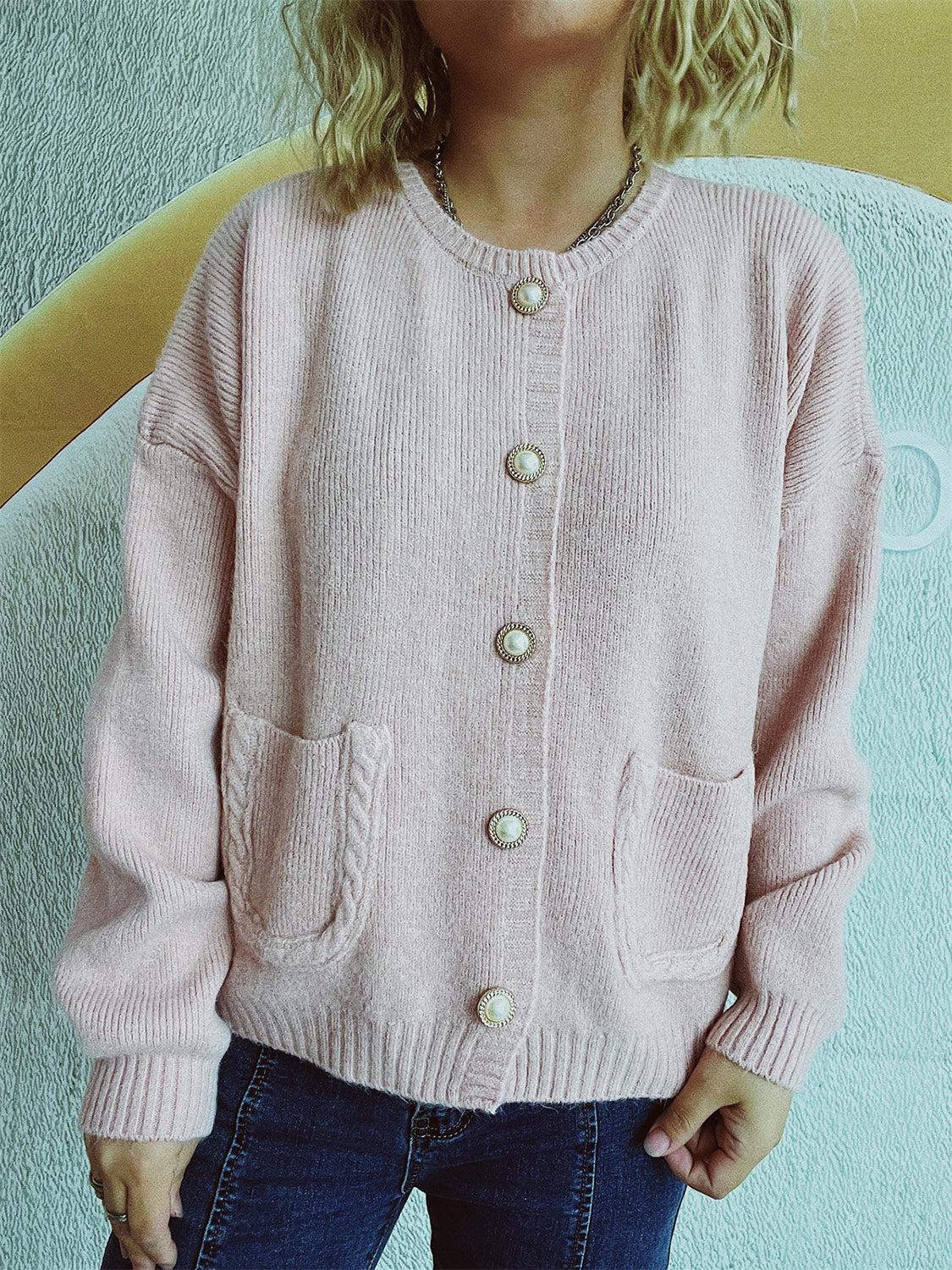 Button Up Long Sleeve Cardigan  Trendsi Blush Pink One Size 