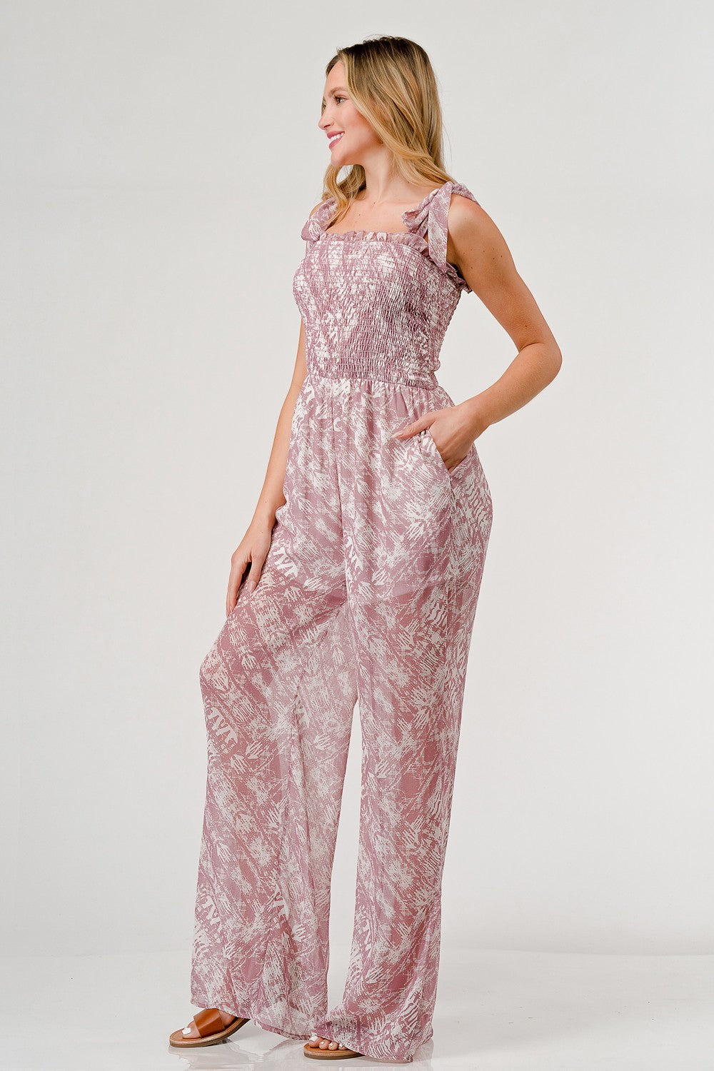 GeeGee Printed Tie Shoulder Wide Leg Jumpsuit  Trendsi   