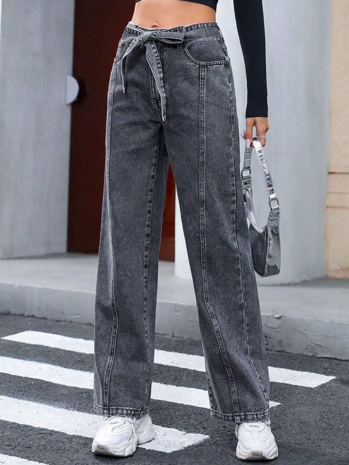 Tied Straight Leg Jeans with Pockets  Trendsi   