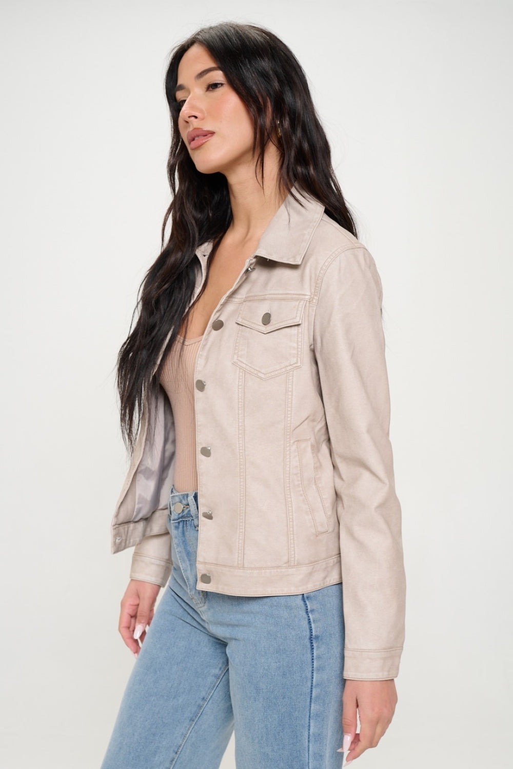 Coalition LA Button Down Cargo Vegan Leather Shacket  Trendsi Cream S 