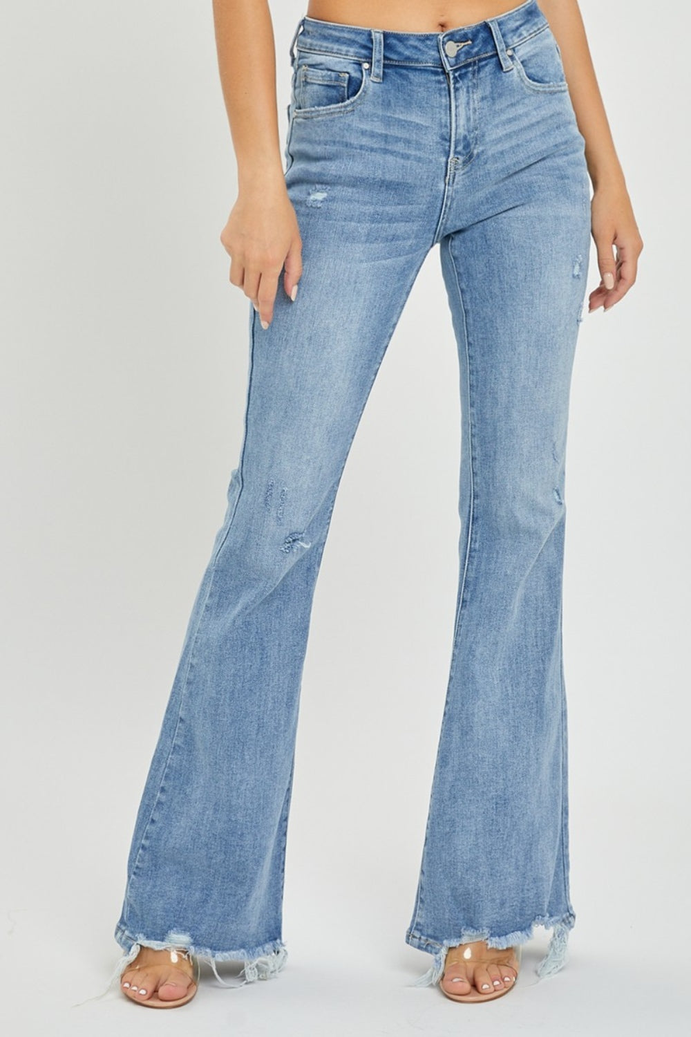 Risen Full Size High Rise Frayed Hem Flare Jeans  Trendsi   