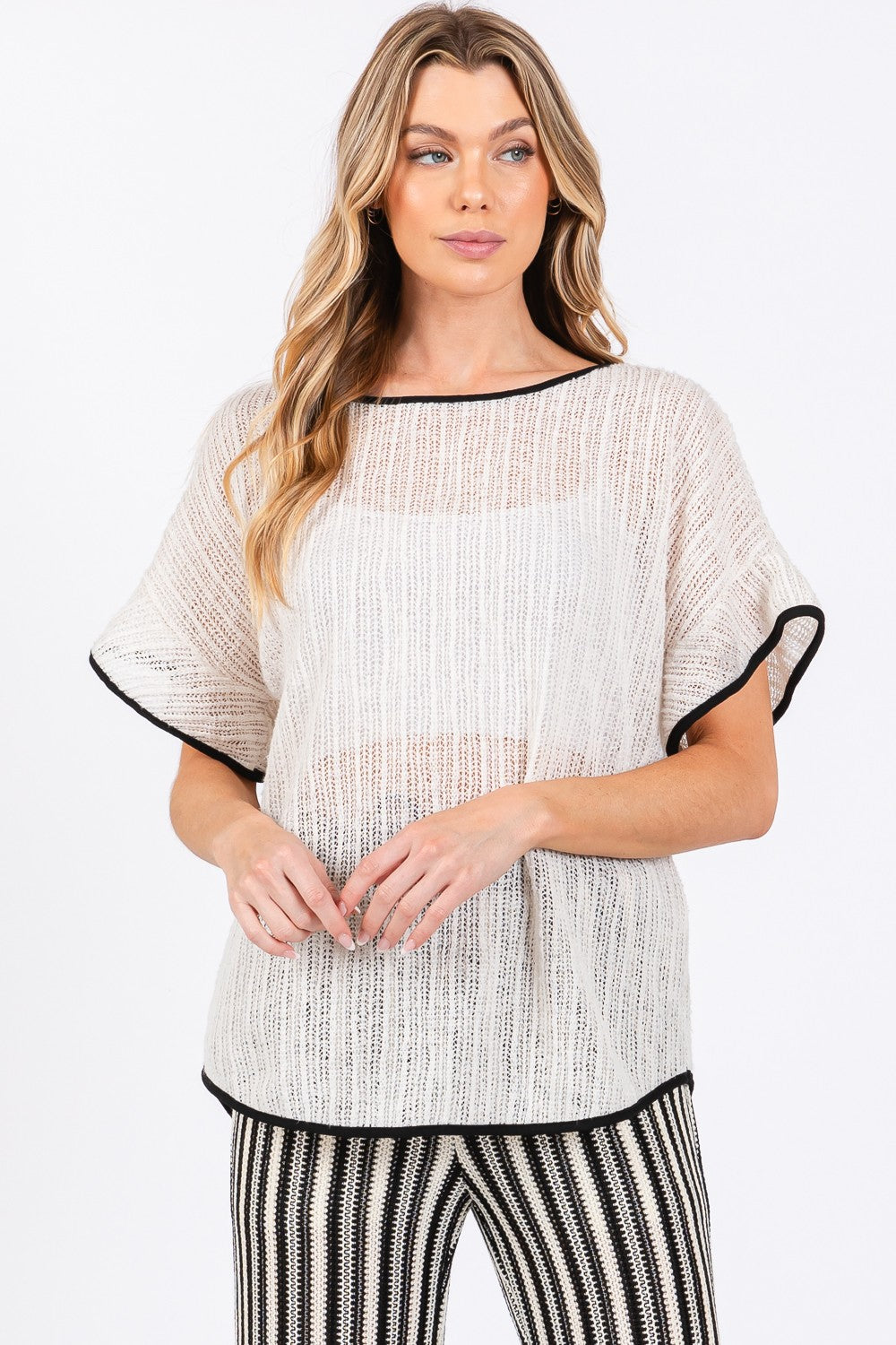 GeeGee Contrast Trim Short Sleeve Knit Cover Up  Trendsi Cream/Black S 