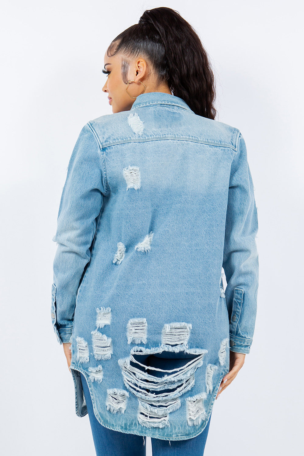 American Bazi Distressed Button Up Long Sleeve Denim Jacket  Trendsi   