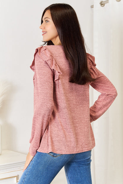 Double Take Square Neck Ruffle Shoulder Long Sleeve T-Shirt Sale Trendsi   