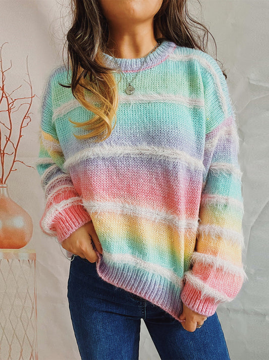 Striped Round Neck Long Sleeve Sweater  Trendsi Multicolor One Size 