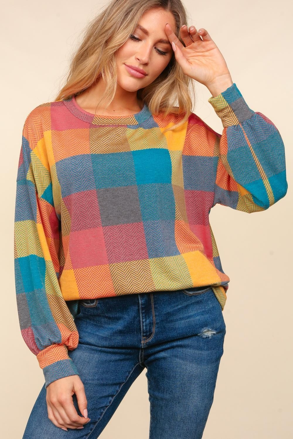 Haptics Round Neck Color Block Plaid Top  Trendsi   