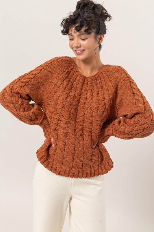 HYFVE Cable-Knit Round Neck Raglan Sleeve Sweater  Trendsi Rust S 