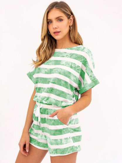 Striped Round Neck Top and Shorts Set  Trendsi Green S 