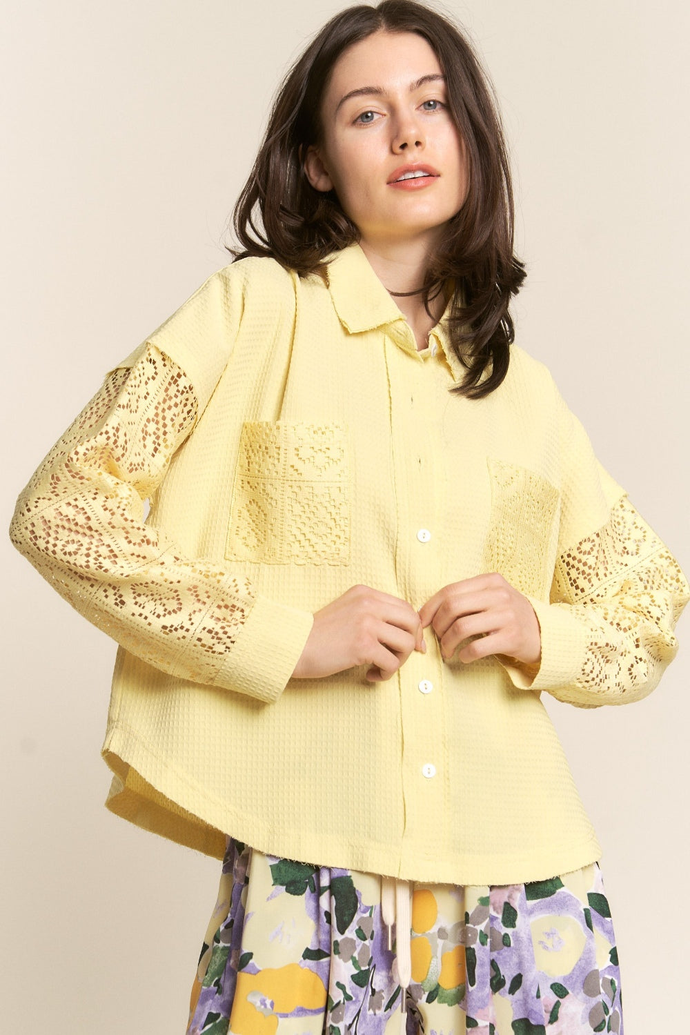 J.NNA Button Down Lace Long Sleeve Waffle Shirt  Trendsi Yellow S 