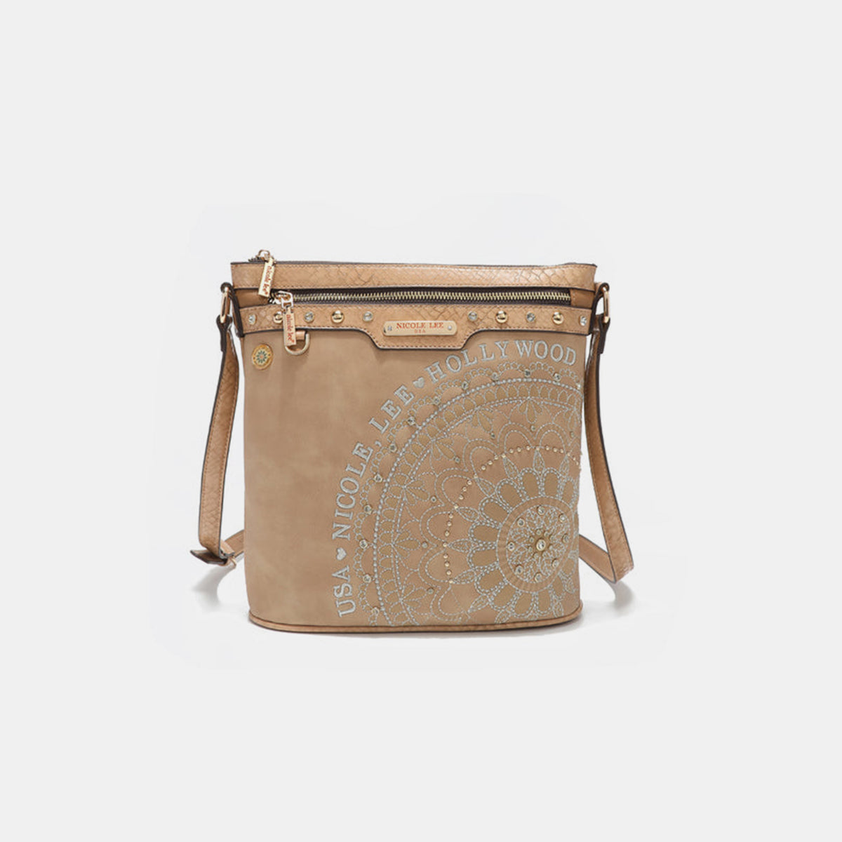 Nicole Lee USA Metallic Stitching Embroidery Inlaid Rhinestone Crossbody Bag  Trendsi Beige One Size 