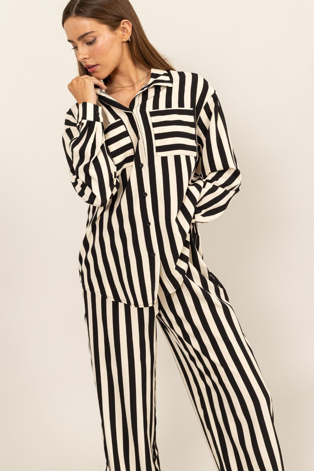 HYFVE Striped Button Up Shirt and Pants Set  Trendsi   