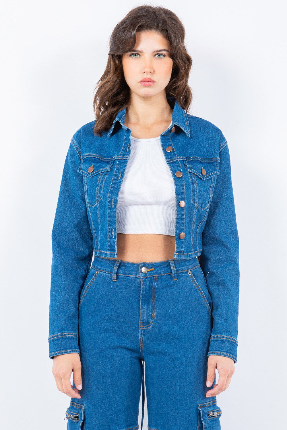 American Bazi Laced Back Cropped Denim Jacket  Trendsi Blue S 