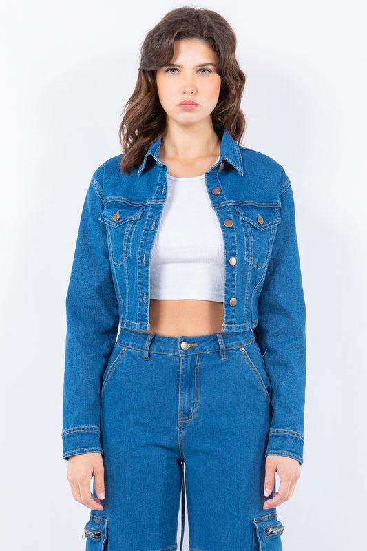 American Bazi Laced Back Cropped Denim Jacket  Trendsi Blue S 