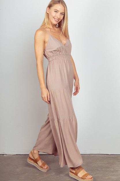 VERY J Sleeveless Ruched Wide Leg Jumpsuit  Trendsi   