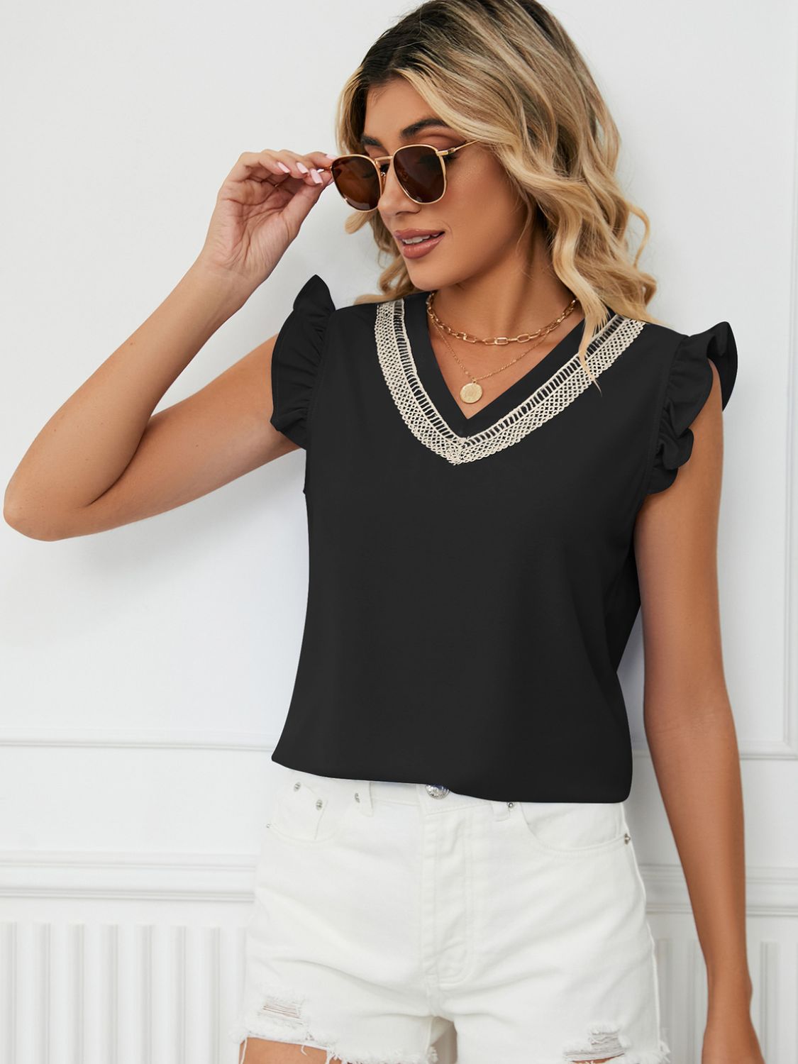 Ruffled V-Neck Cap Sleeve Blouse Blouse Trendsi   