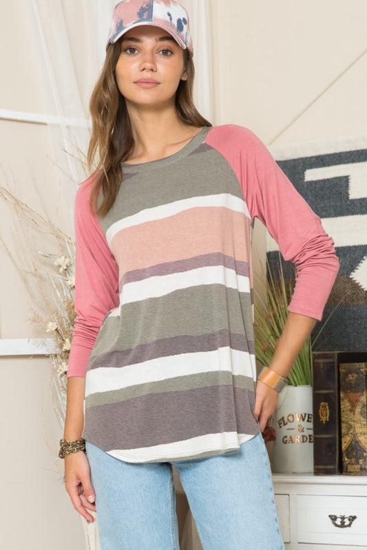 Celeste Full Size Striped Contrast Long Sleeve T-Shirt  Trendsi Olive/Mocha S 