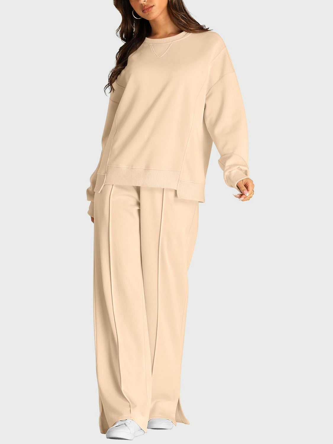 Round Neck Long Sleeve Top and Slit Pants Set  Trendsi   