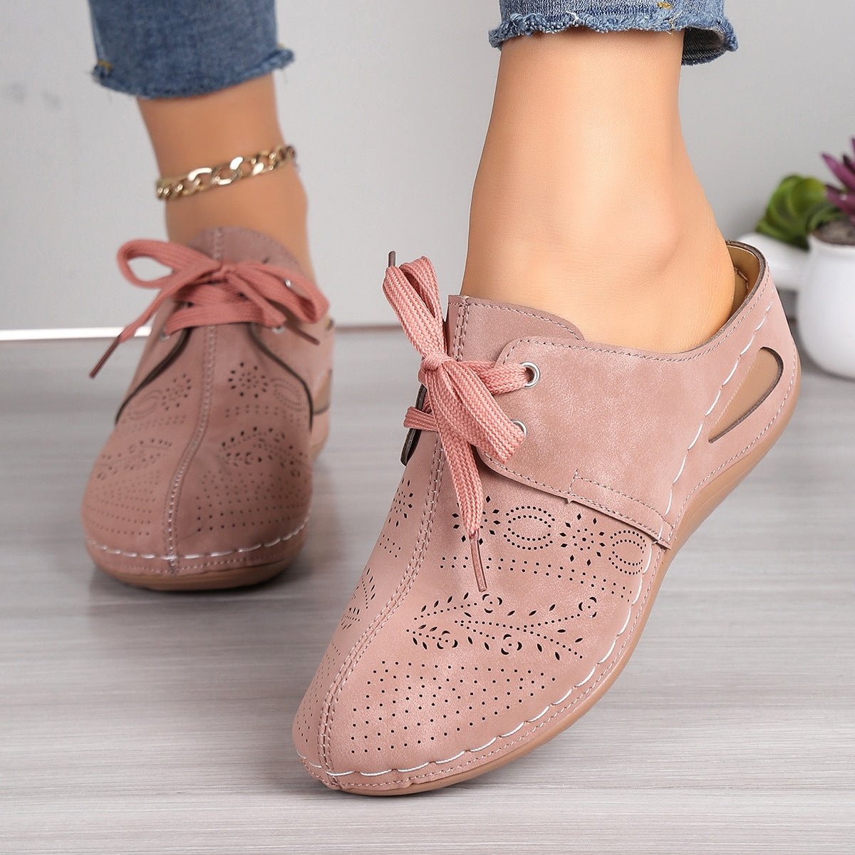 Lace-Up Round Toe Wedge Sandals  Trendsi Dusty Pink 36(US5) 