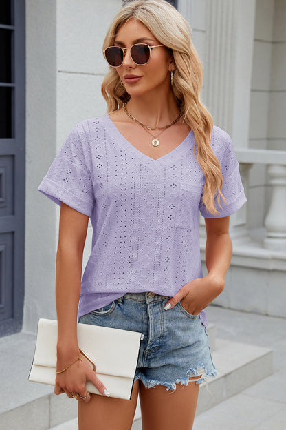 Eyelet V-Neck Short Sleeve T-Shirt T-Shirt Trendsi   