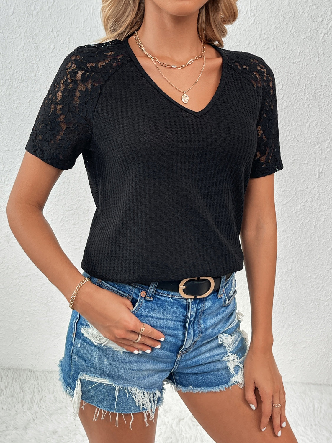 Lace Detail V-Neck Short Sleeve T-Shirt T-Shirt Trendsi Black S 