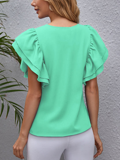 Round Neck Flounce Sleeve Blouse Blouse Trendsi   