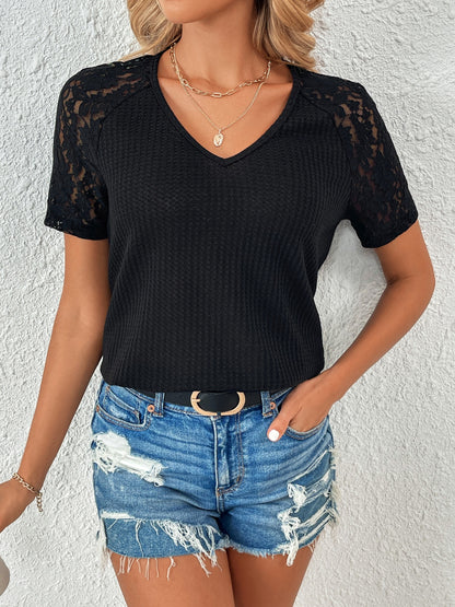 Lace Detail V-Neck Short Sleeve T-Shirt T-Shirt Trendsi   