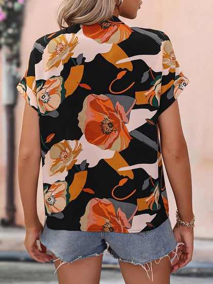 Printed Notched Short Sleeve Blouse Blouse Trendsi   