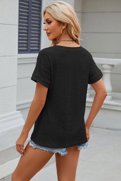 Eyelet V-Neck Short Sleeve T-Shirt T-Shirt Trendsi   