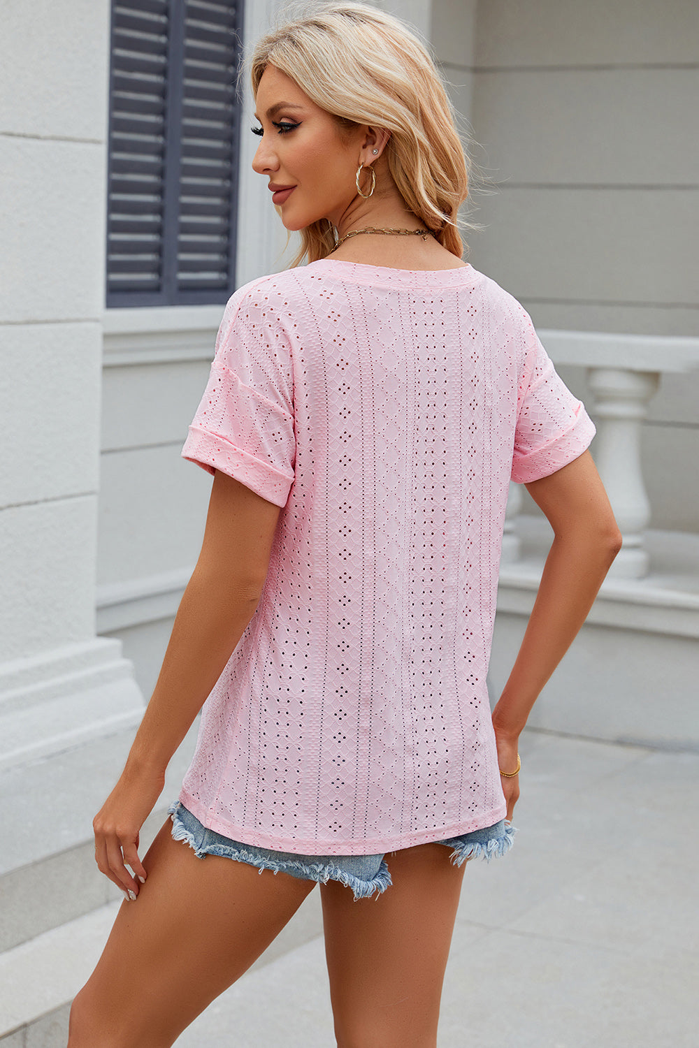 Eyelet V-Neck Short Sleeve T-Shirt T-Shirt Trendsi   