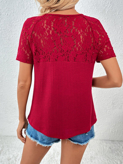 Lace Detail V-Neck Short Sleeve T-Shirt T-Shirt Trendsi   