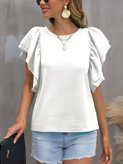 Round Neck Flounce Sleeve Blouse Blouse Trendsi White S 