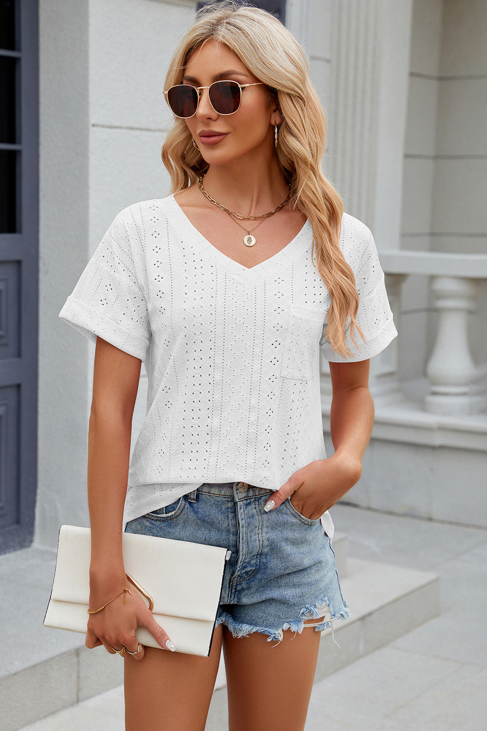 Eyelet V-Neck Short Sleeve T-Shirt T-Shirt Trendsi   