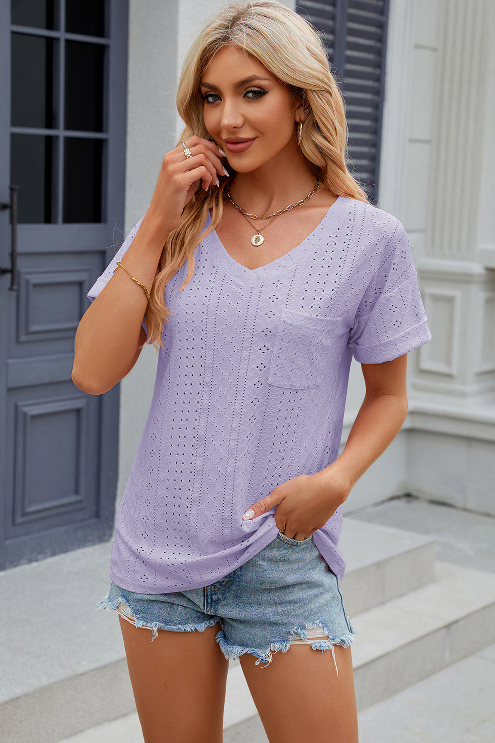 Eyelet V-Neck Short Sleeve T-Shirt T-Shirt Trendsi Lavender S 