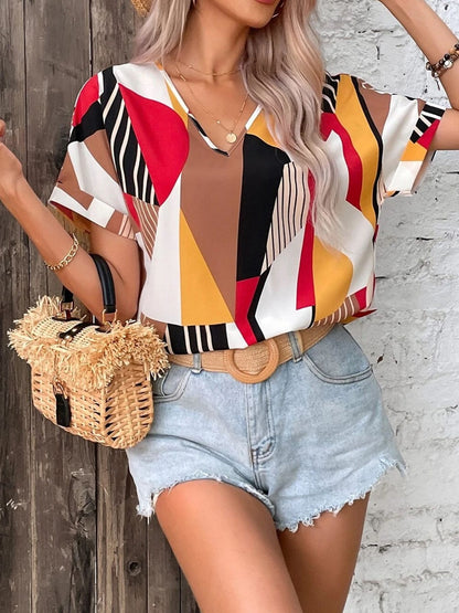 Printed V-Neck Short Sleeve Blouse